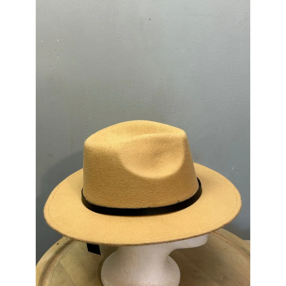 Kendall + Kylie Tan Felt Fedora Hat Wide Brim Chain Detail Women's One Size‎ NEW